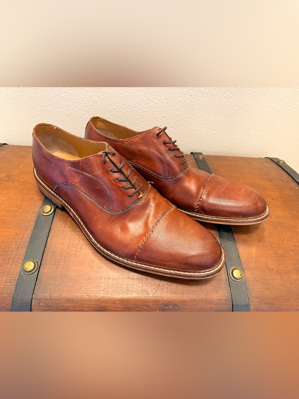 Joseph Abboud Cognac Brown Leather Cap-Toe Oxfords